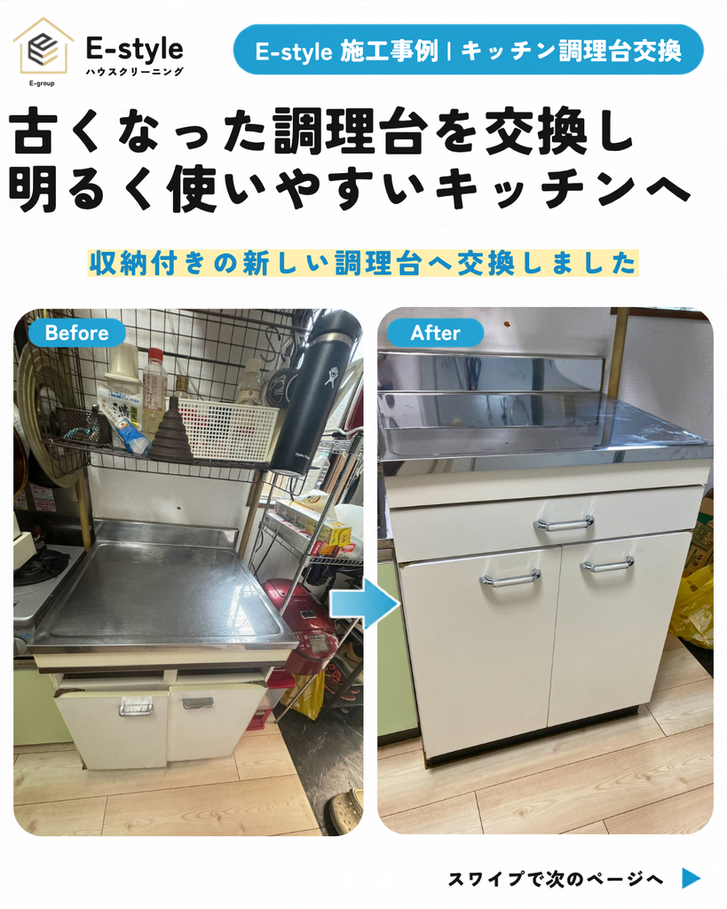 キッチン調理台交換・住宅設備リフォーム｜古くなった調理台を使いやすく一新｜E-style